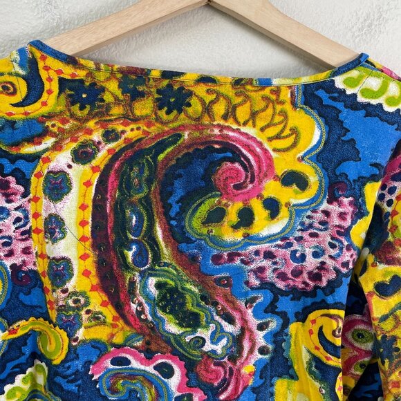 CHICOS Womens Medium Colorful Paisley 3/4 Sleeve Stretch Top Notch Neck Blouse - Picture 10 of 10